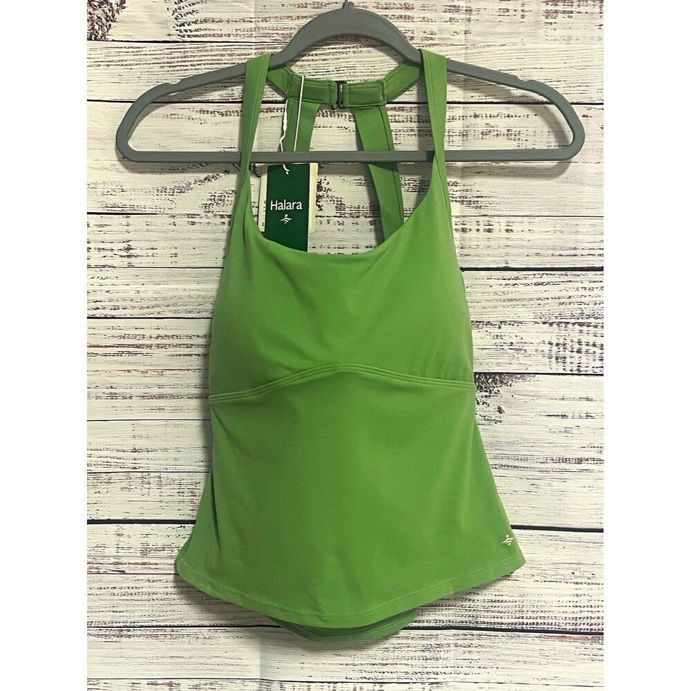 NWT Halara SoftlyZero Plush Cut Out Twisted Back Yoga Tank Top Built-In Bra Gree